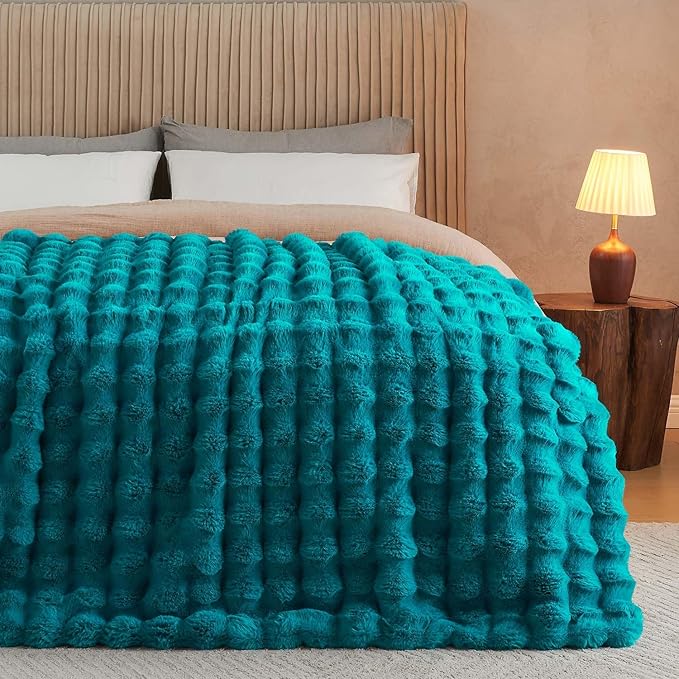 Lotus Karen Faux Fur Throw Blanket Teal - Big Bubble Rabbit Fluff Blanket for Couch Bed Sofa,Softest Fluffy Fuzzy Cozy Blanket,Thick Furry Plush Shaggy Warm Blankets for Women,60x80 Inches