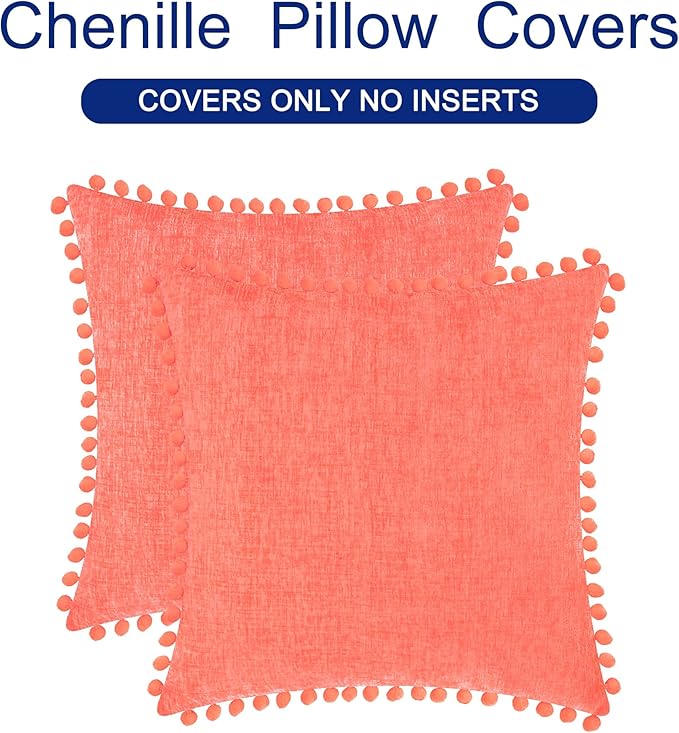 CaliTime Throw Pillow Covers Decorative 16 X 16 Inches Pack of 2 Cozy Solid Dyed Soft Chenille Cushion Cases with Pom Poms for Couch Sofa Bed Living Room Home Living Coral