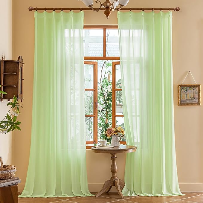 Green Pinch Pleat Sheer Curtains 96 Inches Long for Bedroom Soft Touch Lightweight Light Filtering 96 Inch Length Pleated Drapes with Ajustable Hooks for Living Room, Reed Green, 42"W x 96"L, 2 Panels