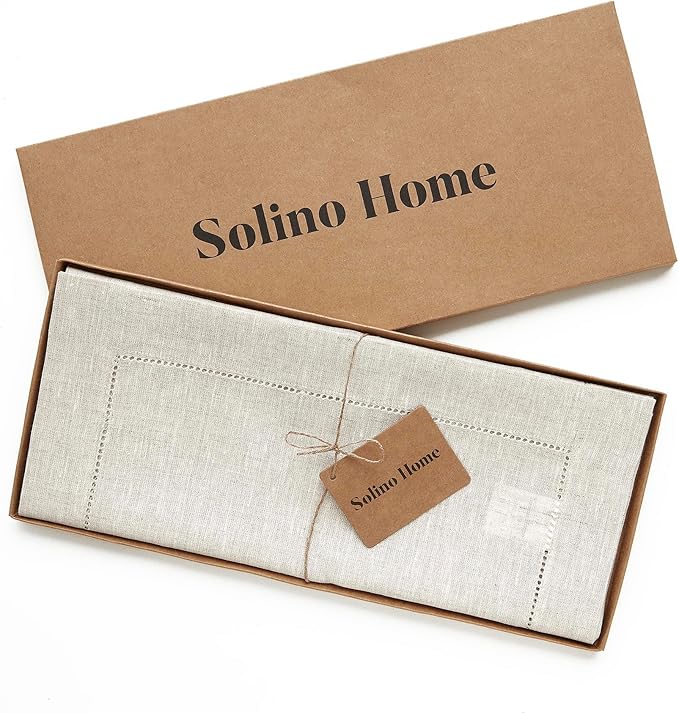 Solino Home Linen Light Natural Table Runner 156 Inches Long - 100% Pure Linen Extra Long Table Runner 14 x 156 Inch - Classic Hemstitch