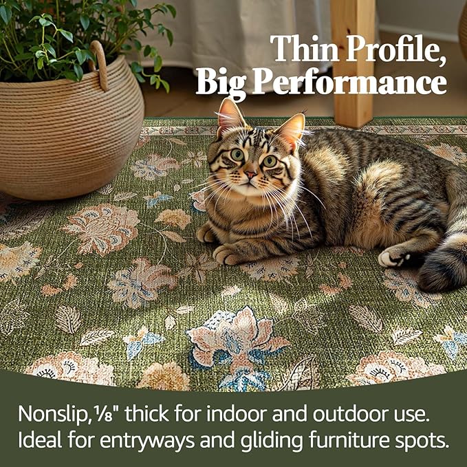 jinchan Elora Floral Corner Rug for Washable Nursery Rug Vintage Romance Christmas Design Non Slip Quarter Circle Lightweight Low-Pile Throw Carpet for Playroom Reading Office, 5ft Radius, Green