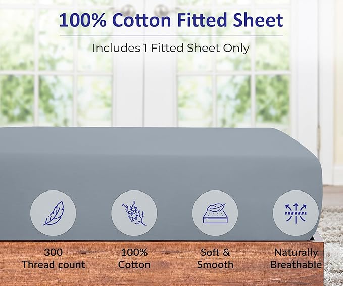 ROYALE LINENS 300 Thread Count 100% Long Staple Combed Cotton Fitted Sheet Twin - Super Soft Deep Pocket Bottom Sheet - Fitted Sheets Only - Elastic Sheets (Twin, Lake Blue)
