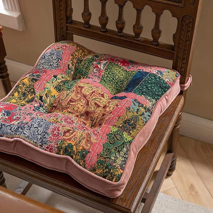 vctops Boho Paisley Chair Cushions with Ties Patchwork Square Soft Cozy Cotton Linen Chair Pads Non Slip Seat Cushions for Indoor Dining Room and Kitchen Chairs (Pink,16"x16")