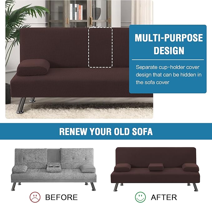 H.VERSAILTEX 4 Pieces Stretch Futon Covers Sofa Bed Slipcover with Removable Armrests and Cupholders Covers Furniture Protector High Spandex Small Checks Jacquard Fabric, Chocolate