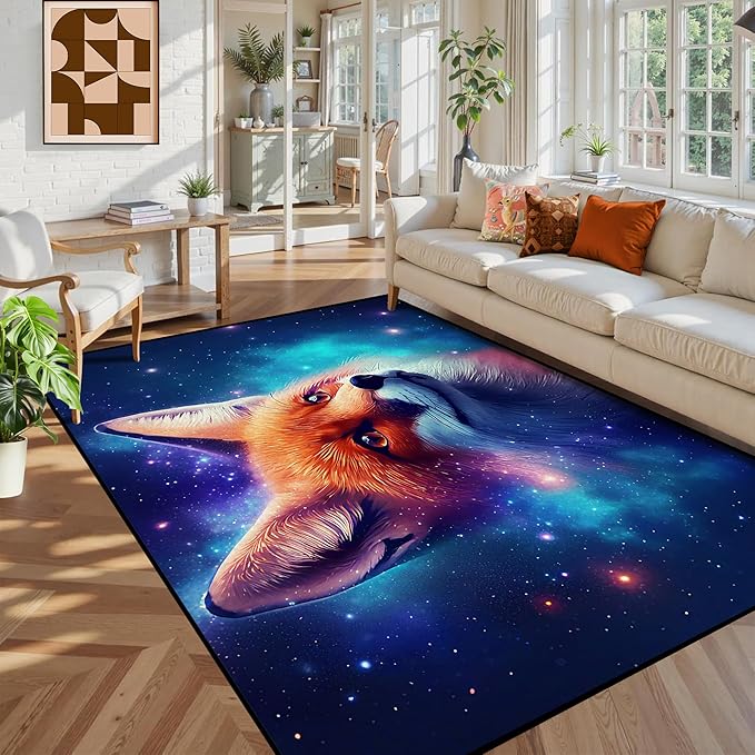 6' x 9' Galaxy Fox Rug Large 3D Cute Foxes Space Area Rugs for Bedroom Living Room Playroom Boys Kids Cartoon Colorful Carpet Glitter Stars Throw Rugs Floor Mat,180 X 275cm