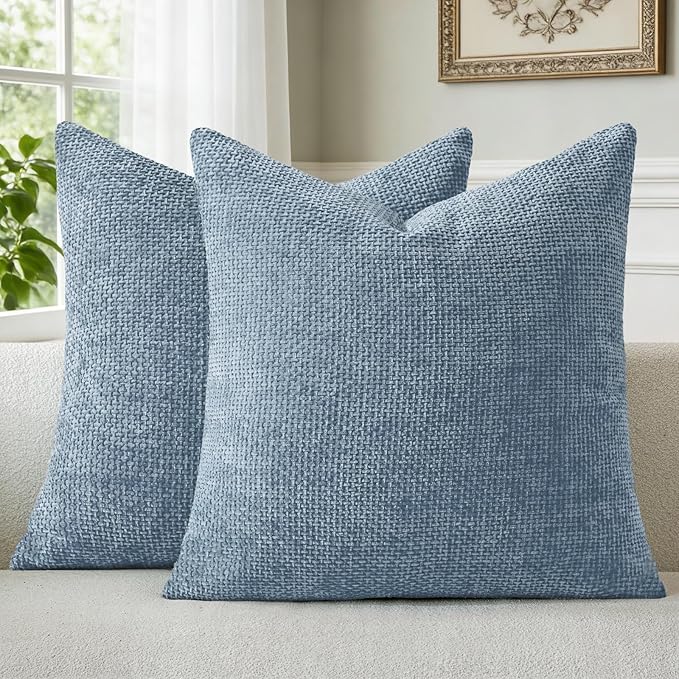 a moment Blue Chenille Throw Pillow Covers 22x22 Inch Pack of 2 Modern Decorative Throw Pillow Covers Farmhouse Cross Covers Home Decor for Sofa Bedroom Living Room