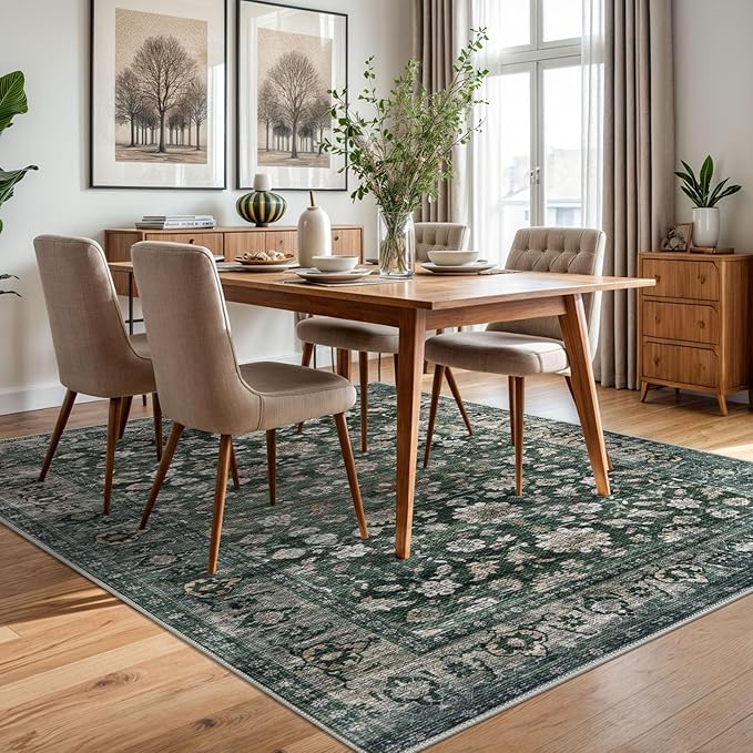 KUTA 5x7 Area Rugs Dark Green, Vintage Washable Rugs for Living Room Ultra Thin Soft Non-Slip Printed Distressed Tribal Traditional Farmhouse Carpet for Bedroom Dining Room Dorm Office Home