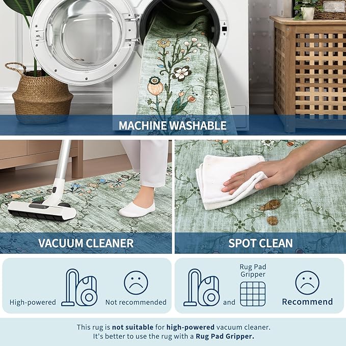 GarveeHome 2x6 Washable Floral Runner Rugs for Hallway: Modern Floral Non Slip Large Runner Rugs for Kitchen, Large Machine Washable Hallways Low Pile Carpet with Non-Slip Backing Green 2 ft x6 ft.