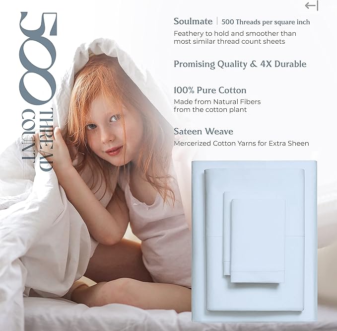 Mayfair Linen 100% Cotton Bed Sheets King Sheet Set - 500 Thread Count Sheets King Size 4 PC Set (Light Blue), Soft, Cooling, Hotel-Quality 16" Deep Pocket Sateen Cotton Bedsheet for Hot Sleepers