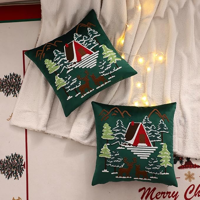 LUOYEHK Christmas Green Pillow Covers 18x18 Set of 2 House and Deer Decorative Pillow Cases Winter Holiday Velvet Embroidered Cushion Covers for Couch Sofa Bed