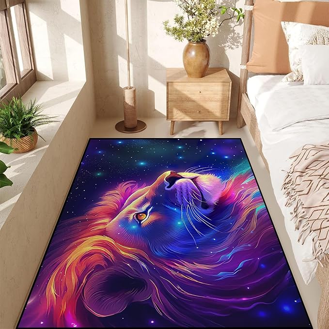 Galaxy Lion Rug Large 3D Fierce Lions Area Rugs for Kids Bedroom Living Room Playroom Gameroom Boys Glitter Carpet Throw Rugs Floor Mat 71 in x 47 in
