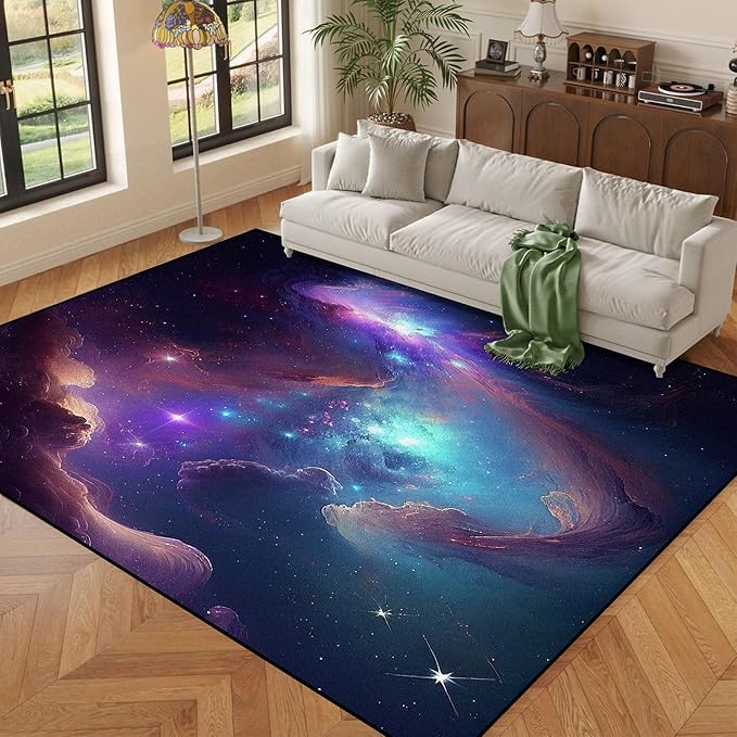 5' X 7' Galaxy Area Rug Bedroom Living Room for Girls Kids Boys Carpet Nebula Vortex Throw Rugs Purple Blue Cloud Floor Mat