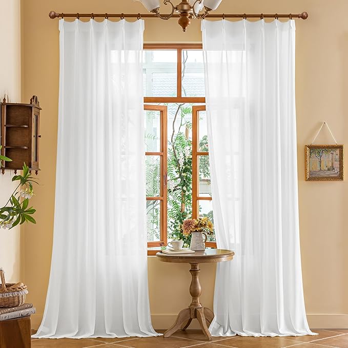 MAIHER 100 Inches Long White Pinch Pleat Curtains for Living Room Sheer Pleated Drapes with Ajustable Hooks Soft Touch Light Filtering Voile Curtains for Bedroom, White, 42''W x 100" L, 2 Panels