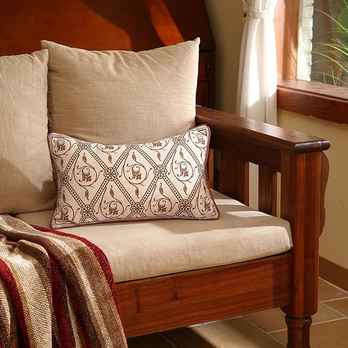 ISAENNE Design Linen Lumbar Vintage Throw Pillow Covers 12"x20",Red Euro Cushion Covers with Orange Floral Green Leaves Pattern Decor Pillowcases for Bed,Living Room,Outdoor,Car