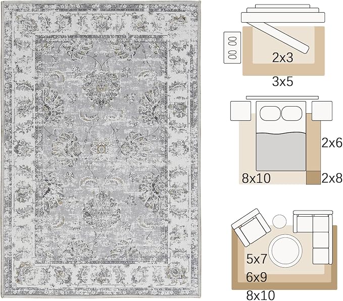 jinchan Fiora Floral 2x3 Rugs for Entryway - Vintage Washable Small Non-Slip Distressed Indoor Doormat Ultra-Thin Low-Pile Accent Rug for Entrance Kitchen Bedroom Bathroom (2x3ft, Grey)