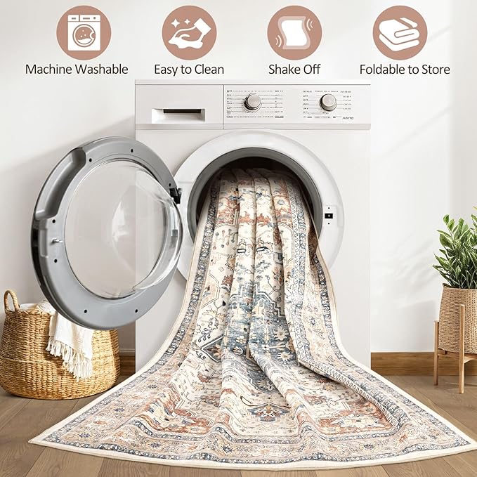 12x18 Rug Living Room: Washable Boho Large Neutral Vintage Soft Area Rug Stain Resistant Distressed Non-Slip Indoor Floor Carpet for Bedroom Nursery Playroom Office Dining Room- Beige Blue