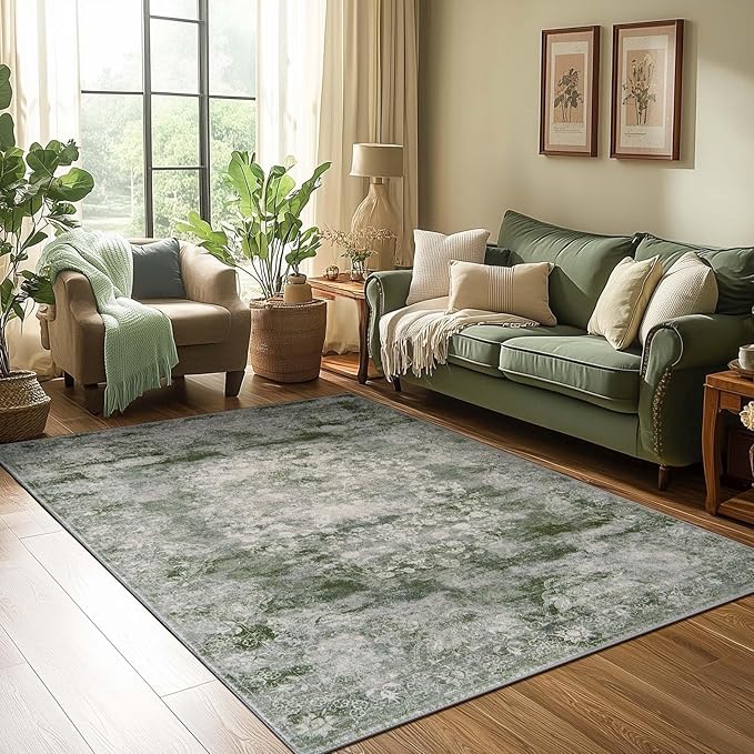 jinchan Green 5x7 Area Rugs - Machine Washable Vintage Floral Distressed Design Soft Low-Pile Non-Slip Christmas Carpet for Bedroom Nursery Living Room Dining Room Home Office (5x7ft, Forest Green)