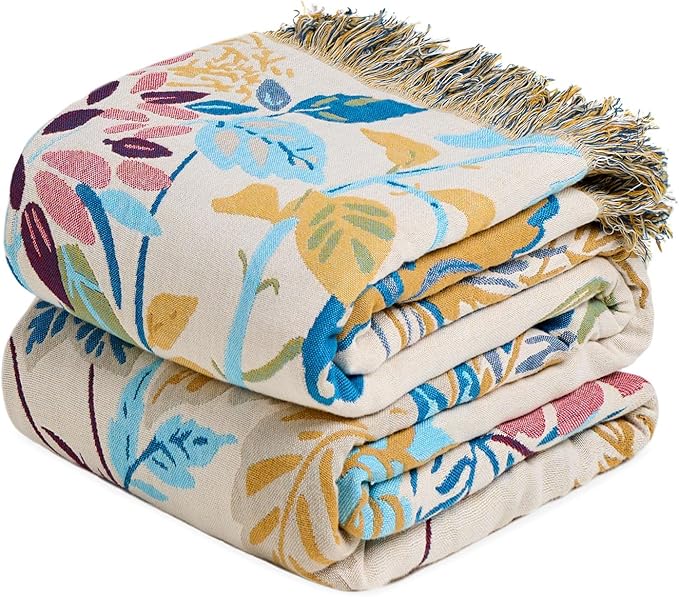 MSGKV Boho Throw Blanket for Couch Cotton Floral Blanket 50"x60" Throws for Sofa Chair Muslin Breathable Lightweight Farmhouse Blankets Home Decor All Seasons