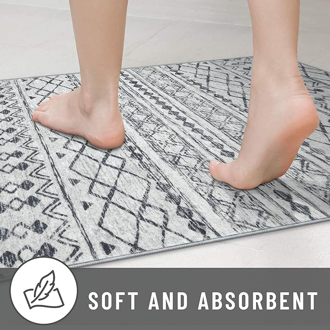 KUTA Moroccan Washable Runner Rug, 2x10 Non-Slip Vintage Grey Boho Hallway Kitchen Runners Ultra Soft Distressed Geometric Floor Carpet Rugs for Bedroom Laundry Living Room