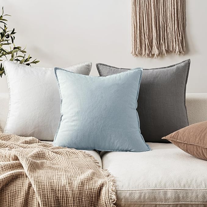 EMEMA Throw Pillow Covers Decorative Linen Pillow Covers 20x20 Inch Light Blue Boho Farmhouse Neutral Couch Throw Pillows for Bed Pack of 2 Accent Pillowcase Modern Sofa Cushion Livingroom Home