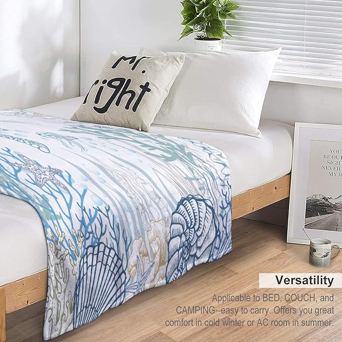 Nautical Turtle Throw Blanket, Coastal Sea Ocean Theme Coral Starfish Seashell Jellyfish Undersea Life Fleece Blanket for Summer Home Bed Sofa Couch Chair, 30"x40"