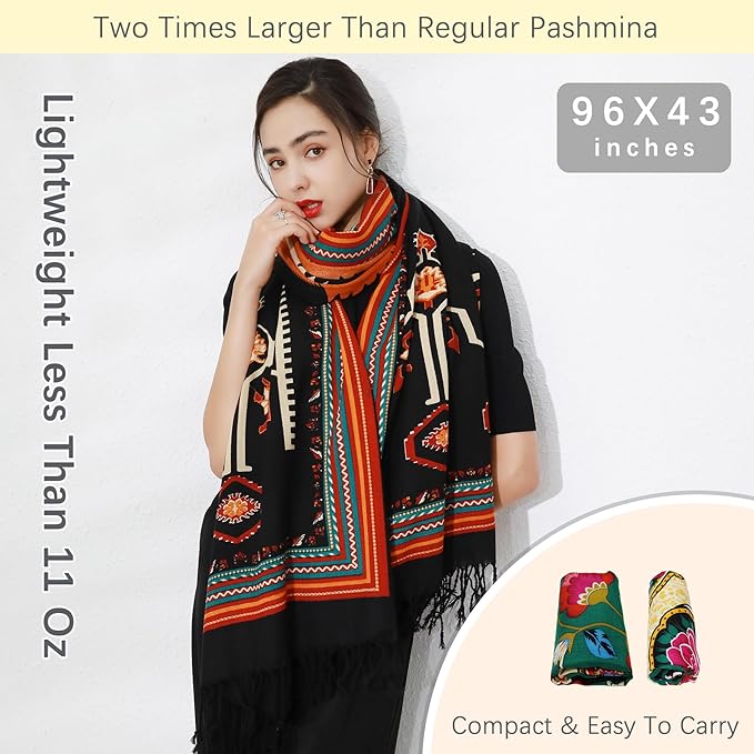 DANA XU 100% Merino Wool Extra Large Pashmina Blanket Travel Scarf Cashmere Wrap for Women Fall Winter Oversize Shawl Floral