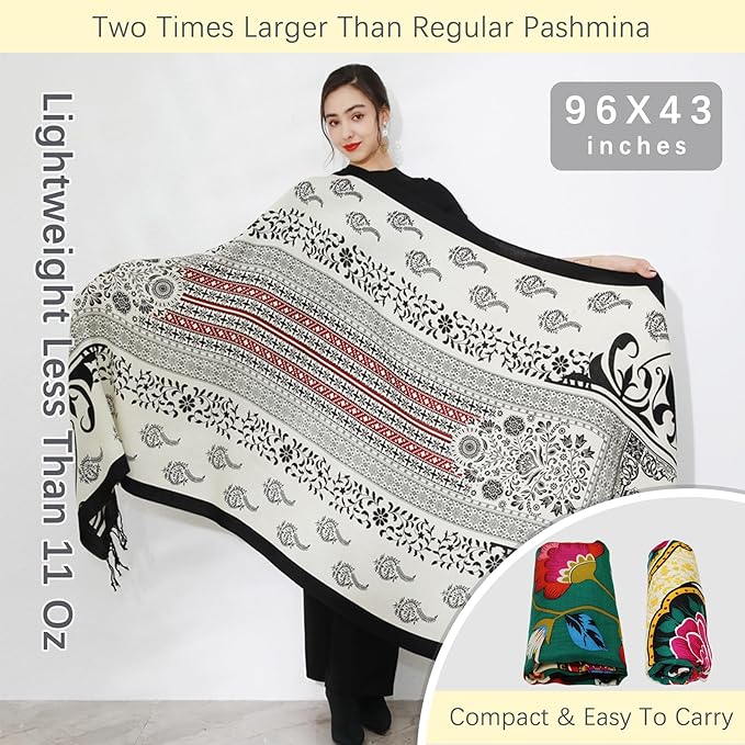 DANA XU 100% Merino Wool Extra Large Pashmina Blanket Travel Scarf Cashmere Wrap for Women Fall Winter Oversize Shawl Floral