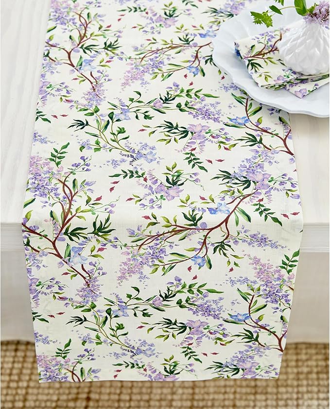 Solino Home Lilacs Floral Print Table Runner 60 inch - 100% Pure Linen Table Runner 14 x 60 Inch - Handcrafted and Machine Washable - Lilacs/Off White Print