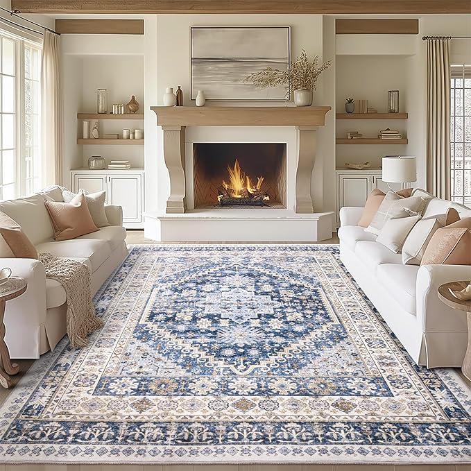 zesthome 8x10 Area Rugs for Living Room,Non-Slip Backing Washable Rugs,Vintage Large Area Rug,Stain Resistant Home Decor Rug (Blue/Beige,8'x10')