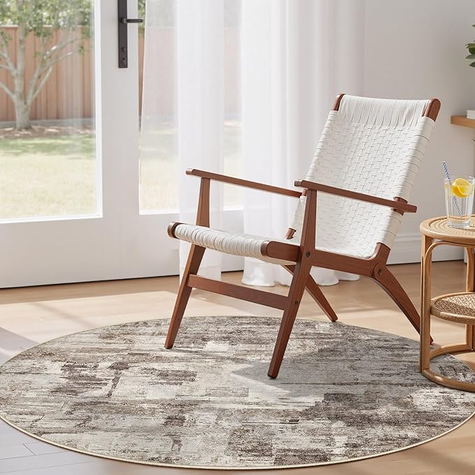 Abstract Living Room Rug Round 6FT - Modern Washable Soft Thin Area Rug for Living Room Bedroom Under Dining Table - Neutral Indoor Floor Rug Carpets for Home Office Playroom Nursery - Brown