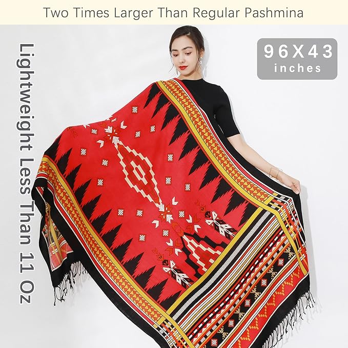 DANA XU 100% Merino Wool Pashmina Shawl for Women 96"x43", Oversized Cashmere Wrap with Tassels, Floral Travel Blanket Cape