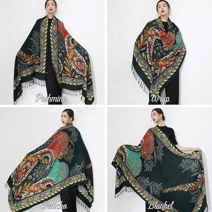 DANA XU 100% Merino Wool Extra Large Pashmina Blanket Travel Scarf Cashmere Wrap for Women Fall Winter Oversize Shawl Floral