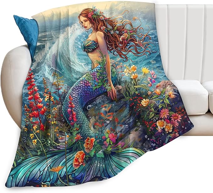 Mermaid Throw Blanket - Soft, Warm & Cozy Fleece for Couch, Sofa, Bed - 50"x40" - Ocean Theme