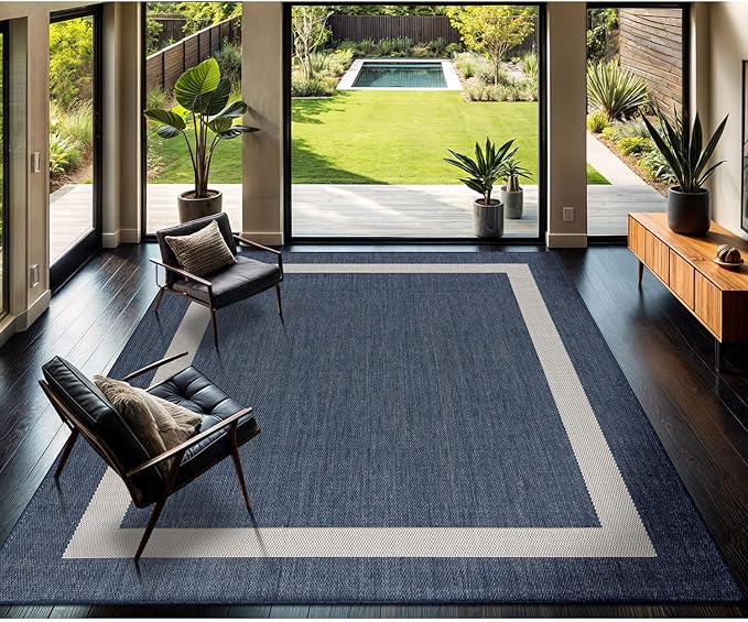 CAMILSON Outdoor Rug 10x14, Large Modern Outside Rugs for Patios Porches Waterproof Durable Washable Non-Shedding, Easy-to-Clean Indoor Outdoor Area Carpet (10 x 14, Bordered - Blue/White)
