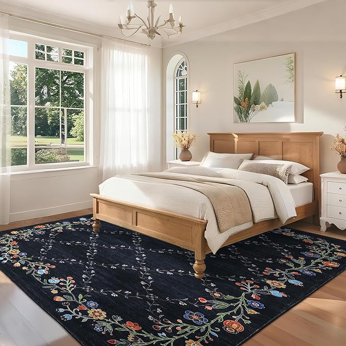 Garveehome 5x7 Washable Floral Area Rugs for Living Room: Modern Floral Non Slip Large Area Rugs for Bedroom, Large Machine Washable Living Room Low Pile Carpet with Non-Slip Backing Black 5 ft x7 ft.