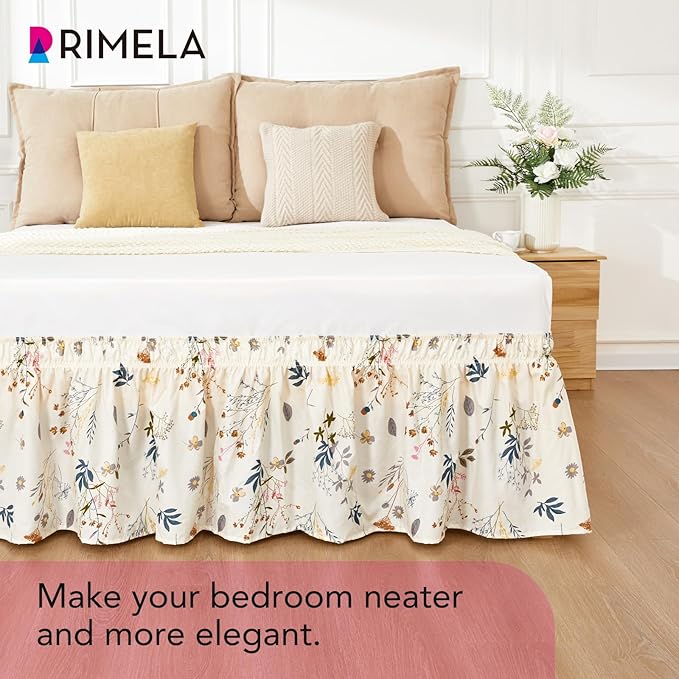 RIMELA Cream Balloon Bed Skirt Queen Size 15 Inch Drop, Elastic Bed Skirting for Bed Frame, Bedding Dust Ruffle Easy to Install, Lightweight Wrap Around Adjustable Bedskirt,Bedroom Decor