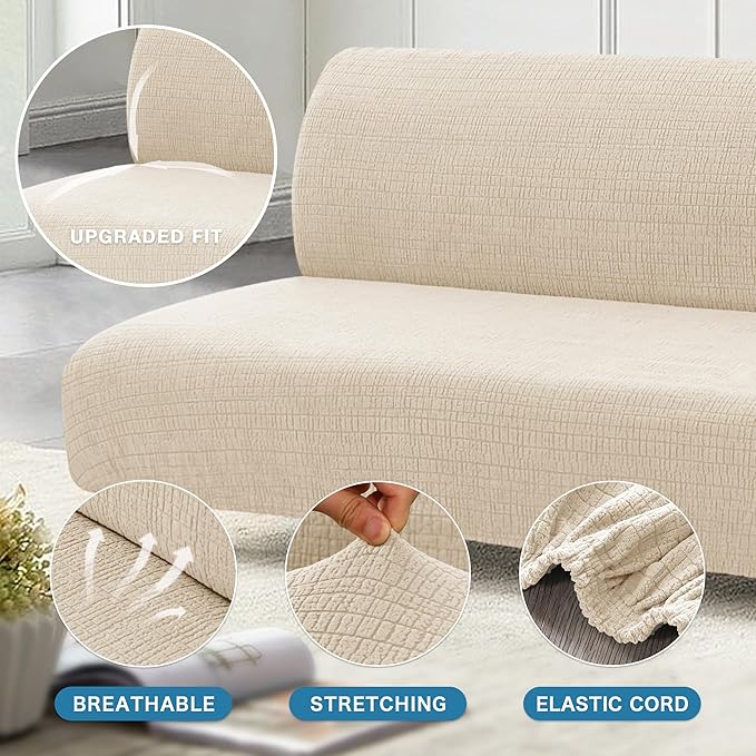 H.VERSAILTEX 100% Waterproof Futon Covers, Leakproof Armless Sofa Covers, Stretch Jacquard Sofa Bed Cover, Washable Futon Slipcover Furniture Protector for Kids, Pets, Dog and Cat, Ivory