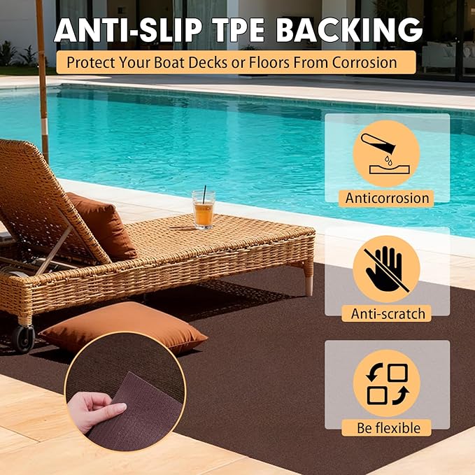 Marine Carpet,5 FT x 15 FT Brown Indoor Outdoor Carpet 0.2" Thick Boat Carpet with Water-Proof TPE Backing, Non-Slide Outdoor Marine Carpet Roll for Home, Patio, Porch, Deck