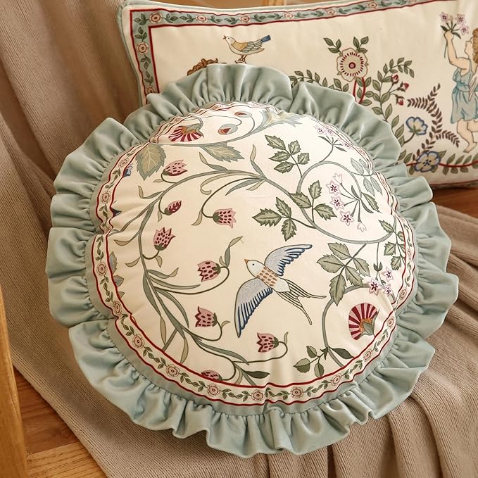 Round Throw Pillow Cover,Green Cozy Velvet Farmhouse with Birds and Floral Pattern Pillowcases,Decoration Pillows Cushion Covers for Couch Sofa Bed Car Chair,Diameter 16"