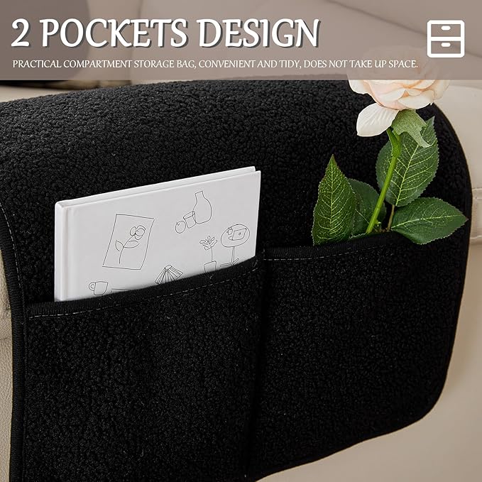 Armrest Cover, Recliner Chair Protector, Furniture Protector Slip, Side Storage Pocket, Stretch Armchair Couch Arm Rest Cover for Recliner, Chair, Sofa (Black,3 Seater(5pcs))