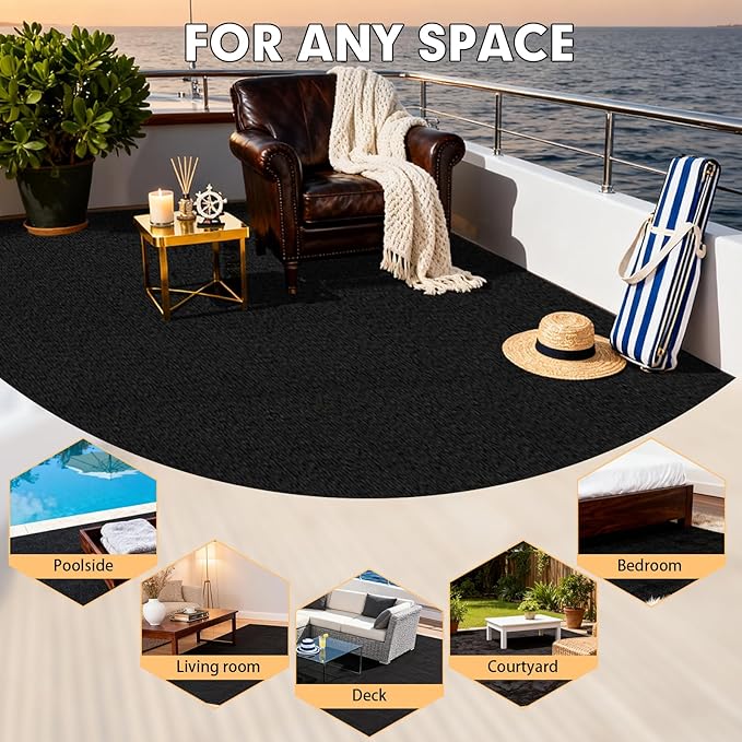 Marine Carpet - 6 FT x 10 FT Black Indoor Outdoor Rug (0.2" Thick) with Water-Proof TPE Backing, Non-Slip Outdoor Marine Carpet Roll for Home, Patio, Porch, Deck