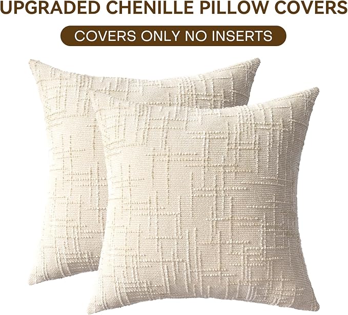 Decorative Throw Pillow Covers 16x16 Inch Set of 2, Thick Solid Farmhouse Chenille Couch Pillows, Spring Pillow Covers for Couch Sofa Bed Living Room Home Decor Pillowcase,White