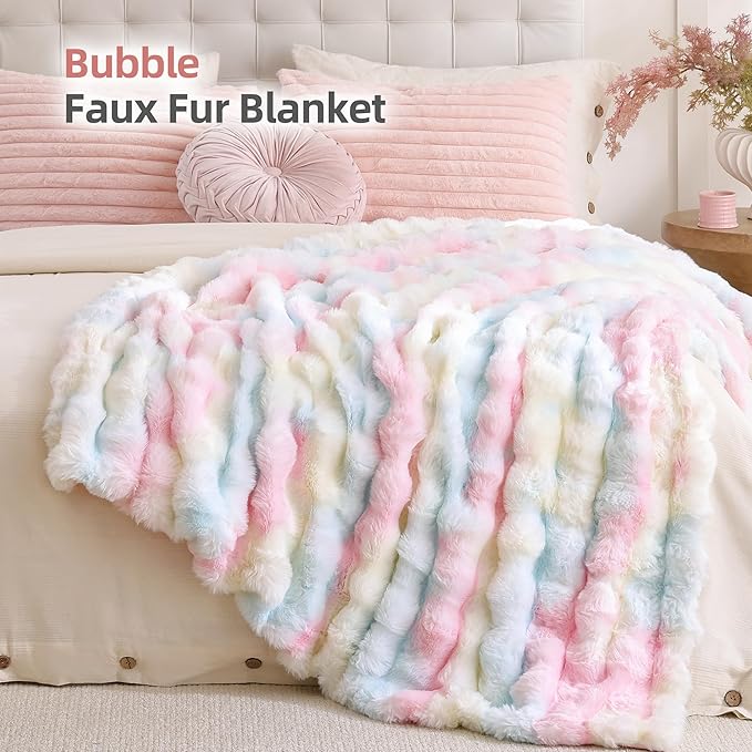 Smoofy Faux Fur Throw Blanket for Couch – Rainbow Fluffy Cozy Rabbit Fleece, Plush Soft Bubble Blanket for Sofa & Bed, for Mom, Warm Fuzzy Home Room Decor Throw 60" x 80"