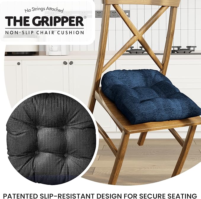 Klear Vu Gripper Overstuffed Universal Non-Slip Dining Chair Cushions for Kitchen Decor or Office Use, U-Shaped Skid-Proof Seat Pad, 17x17 Inches, 2 Count (Pack of 1), Solid Indigo