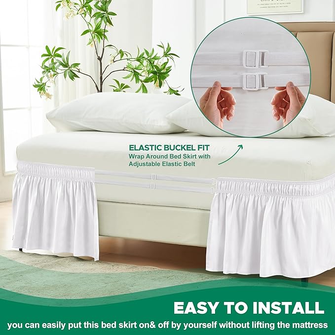 Biscaynebay Wrap Around Bed Skirts for Twin & Twin XL Beds with Extra Long Drop of 25", White Adjustable Elastic Dust Ruffles Easy Fit Wrinkle Resistant Silky Luxurious Fabric Machine Washable