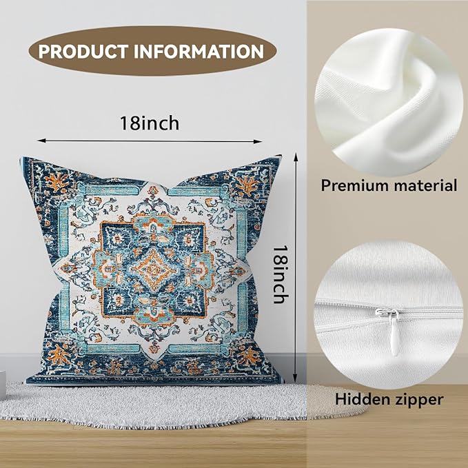 Vintage Boho Floral Print Throw Pillow Cover, Orange, Blue - Retro Rust Floral Decor Pillowcase, Indoor Outdoor Cushion Case for Sofa Couch Bed Living Room Bedroom Home (Blue&White, 18x18inch)