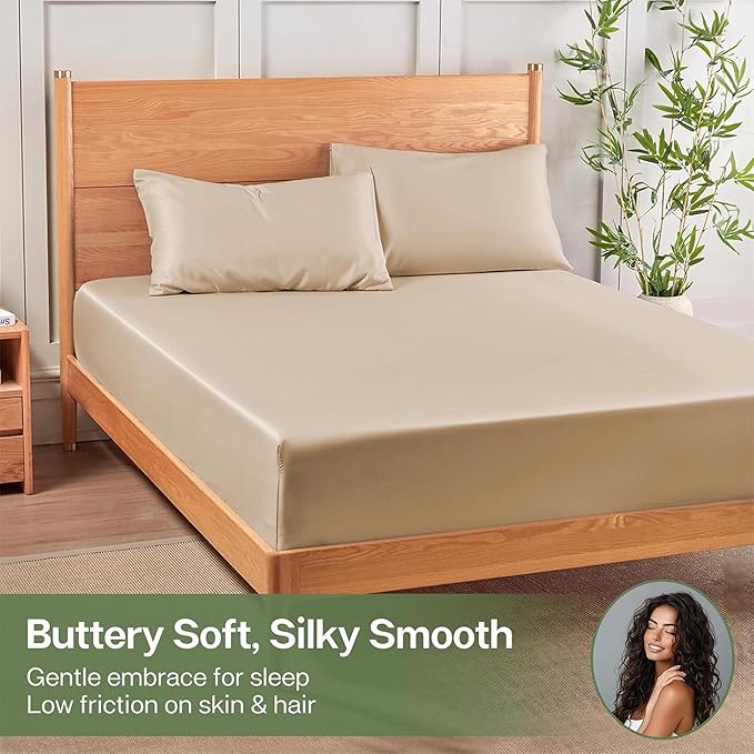 MR&HM Fitted Sheet & Pillowcase Set Queen, 3-Piece Blend Rayon Derived from Bamboo, Silky Soft & Breathable, 15" Deep Pocket with Elastic Straps, Cooling Sheets for Hot Sleepers, Beige