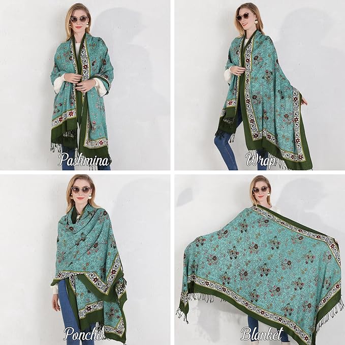 DANA XU 100% Merino Wool Pashmina Shawl for Women 96"x43", Oversized Cashmere Wrap with Tassels, Floral Travel Blanket Cape