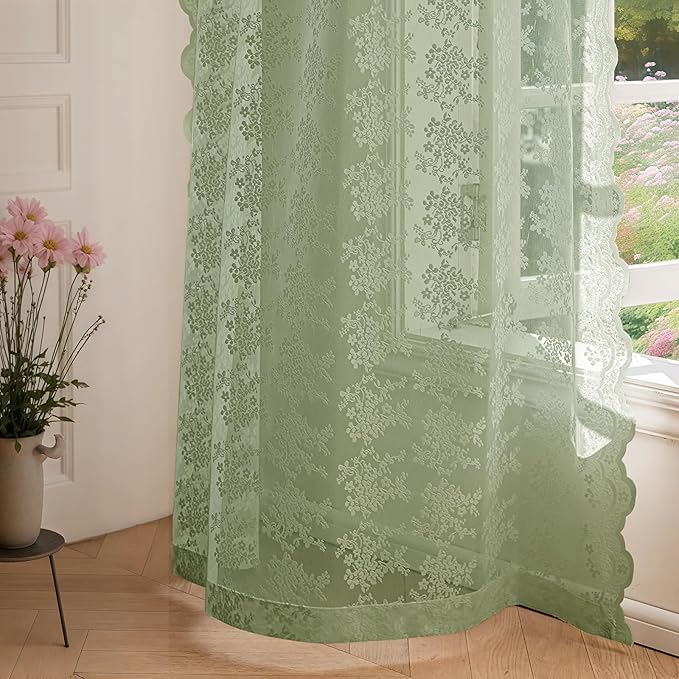 Anmao Vintage Sage Green Lace Curtains 54 Inches Long 2 Panels Sets, Romantic Light Filtering Semi Sheer Floral Thick Lacy Curtain Drapes for Living Room and Bedroom, Each Panel 55W x 54L, Sage Green