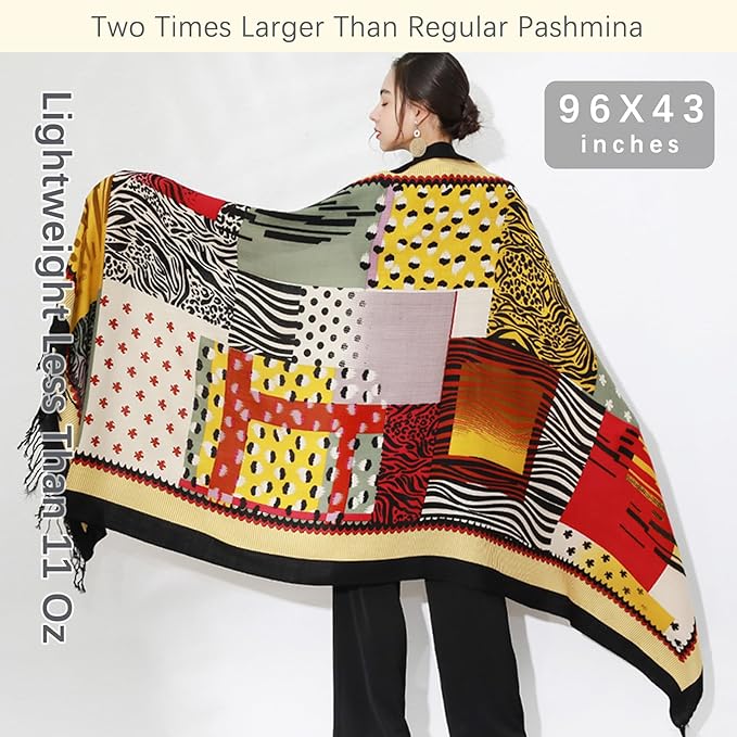 DANA XU 100% Merino Wool Pashmina Shawl for Women 96"x43", Oversized Cashmere Wrap with Tassels, Floral Travel Blanket Cape